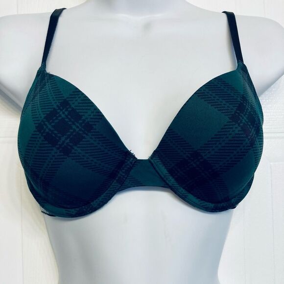 Victoria's Secret PINK Wear Everywhere T-Shirt Lightly Lined Bra 32C Green Plaid - Picture 1 of 9